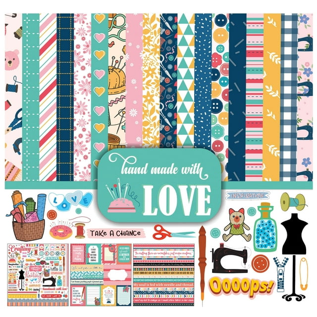 Inkdotpot Handmade With Love, Sewing Craft Collection Double,Sided Scrapbook Paper Kit Cardstock 12"x12" Card Making Paper Pack Of With Sticker Sheet - 16 Pages - Multicolor