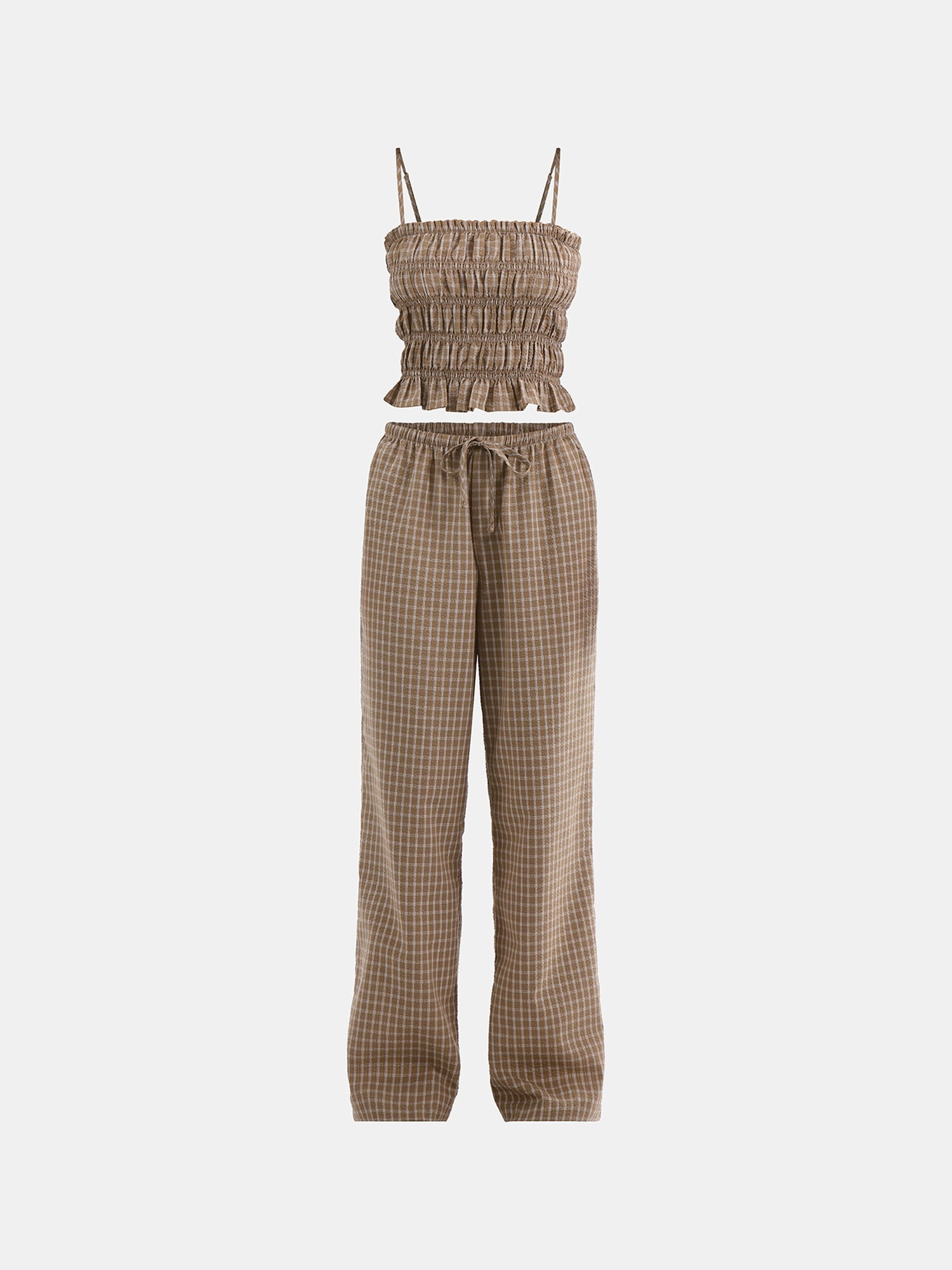 No Boundaries Plaid Seersucker Smocked Cami Top and Pants Set, 2-Piece, Women's