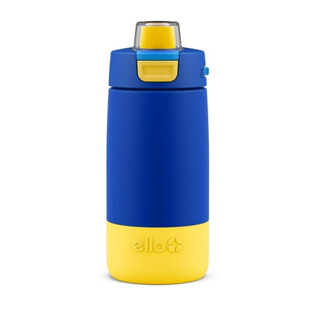 Ello Kids Colby 12oz Stainless Steel Insulated Water Bottle with Straw and Built-In Silicone Coaster Carrying Handle and Leak-Proof Locking Lid for School Backpack, Lunchbox, and Outdoor Sports, Blue