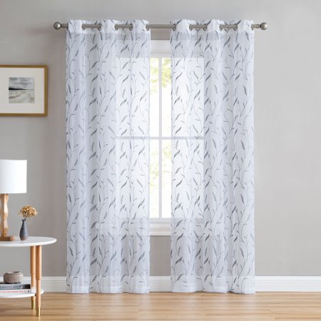 Set Of Two 2 White Sheer Window Curtains Gray Embroidered