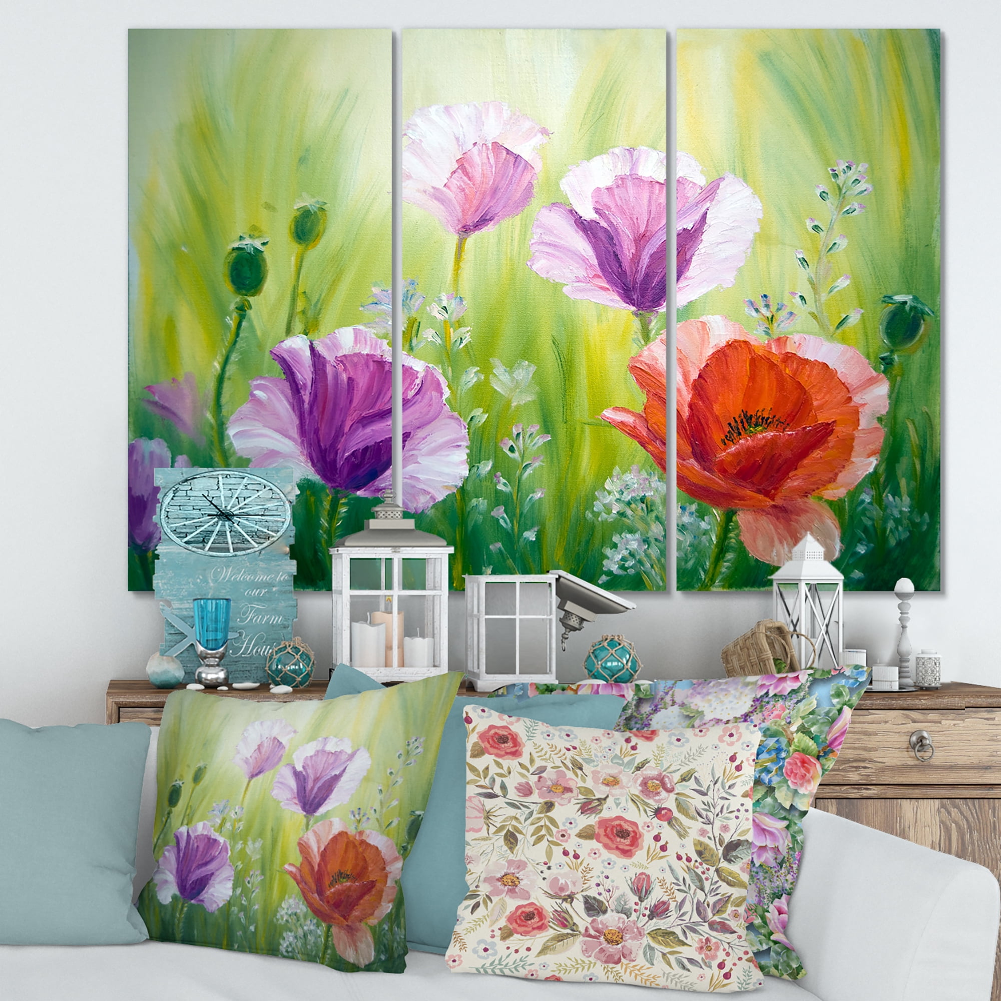 Designart ' Blossoming Red and Purple Poppies In The Morning II ' Traditional Canvas Wall Art Print