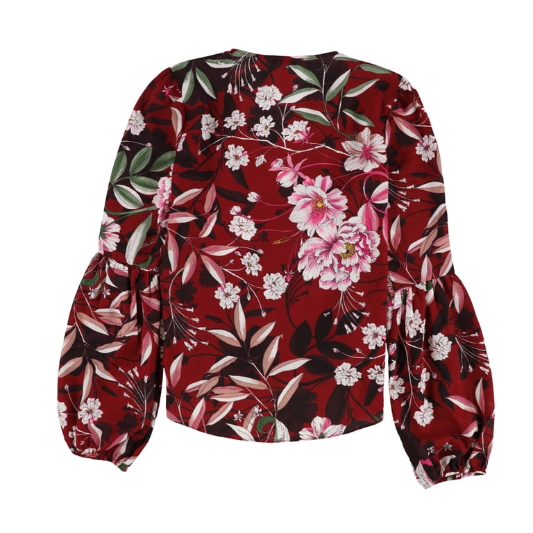 BAR III $60 Womens New 1254 Red Floral Print Long Sleeve Faux Wrap