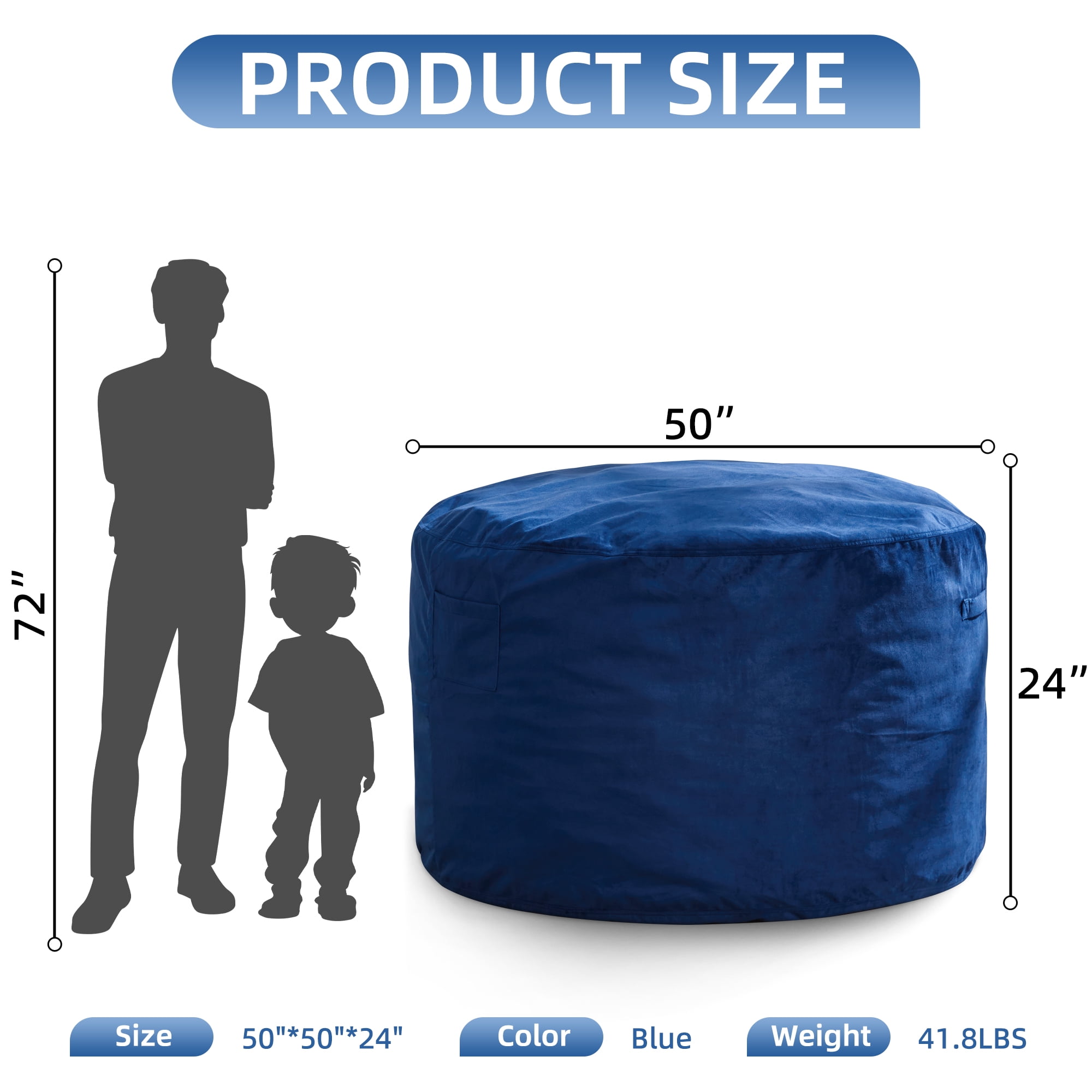 5FT Bean Bag Chair Bean Bag Chairs for Adults Giant Bean Chairs with Velvet Cover, Memory Foam BeanBag Chair Large Bean Bag Chairs for Adults for Living Room, Bedroom - Blue (50" x 50" x 24")