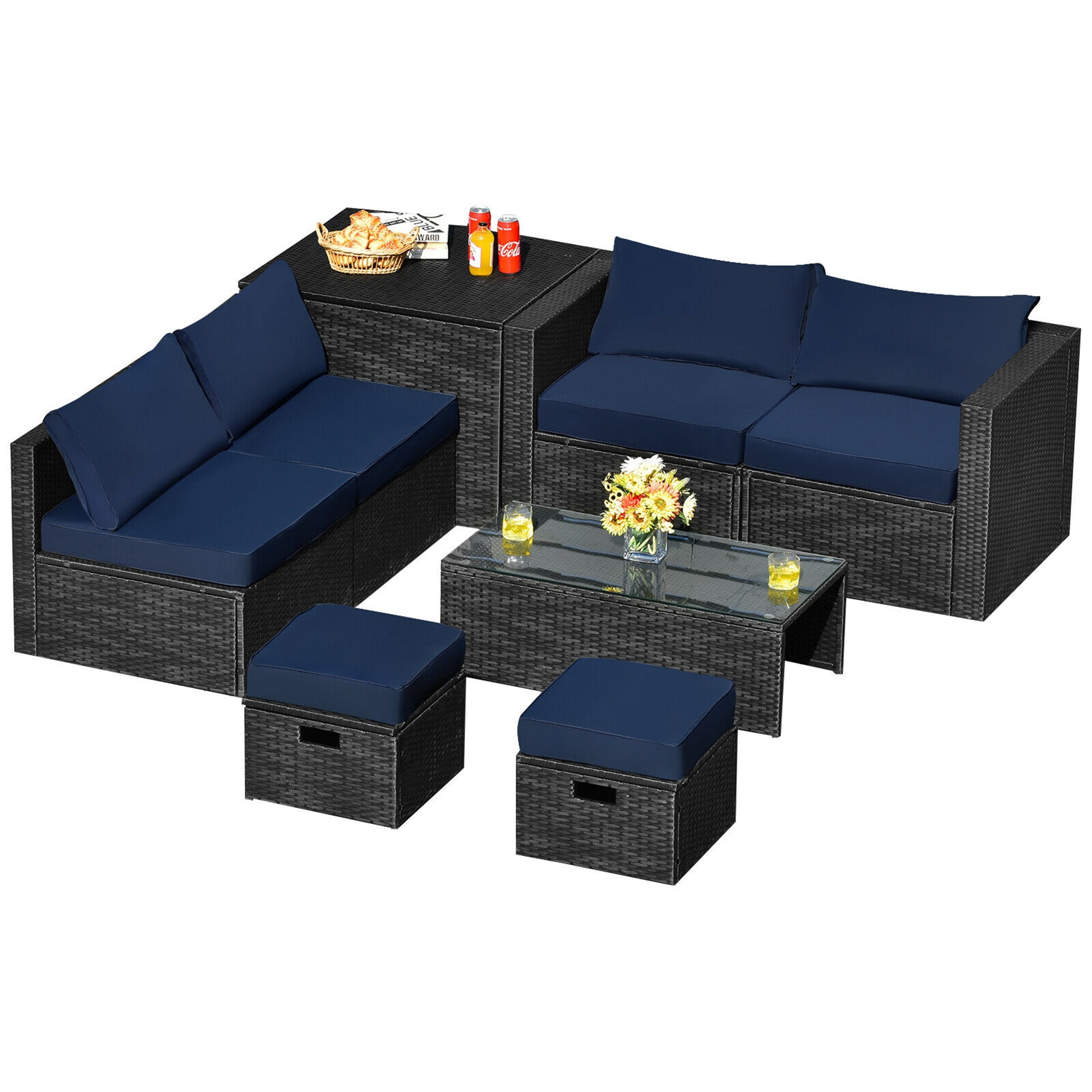 Gymax 8PCS Rattan Patio Sectional Furniture Set w/ Waterproof Cover & Navy Cushions