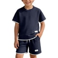 thumbnail image 3 of FRSASU Teen Girl's 2 Piece Summer Outfits Kids Casual Waffle Short Sleeve T-Shirt Baggy Drawstring Shorts Set Dark Blue, 3 of 7