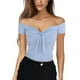 thumbnail image 5 of Blusa de verano para mujer con hombros descubiertos y manga corta, color puro, con lazo en la parte delantera, ajustada, 5 of 5