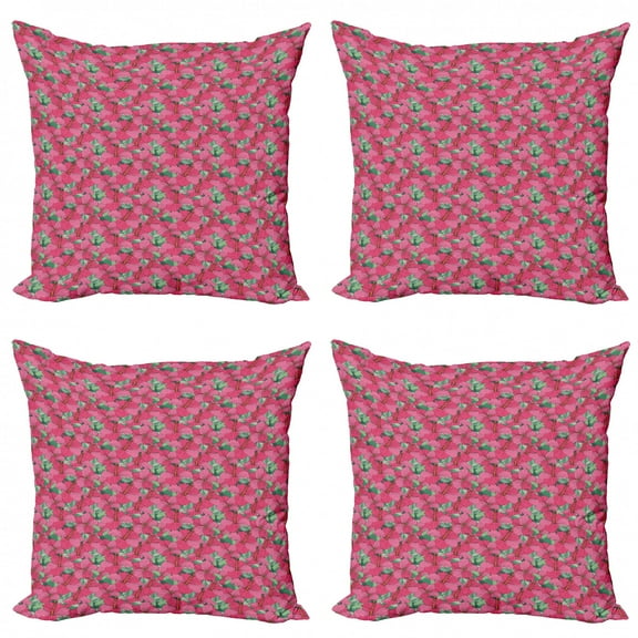 Flower Throw Pillow Cushion Case Pack of 4, Pattern Illustration of Flourishing Hibiscus Blossoms in Pink Shades, Modern Accent Double-Sided Print, 4 Sizes, Pink Green Orange, by Ambesonne