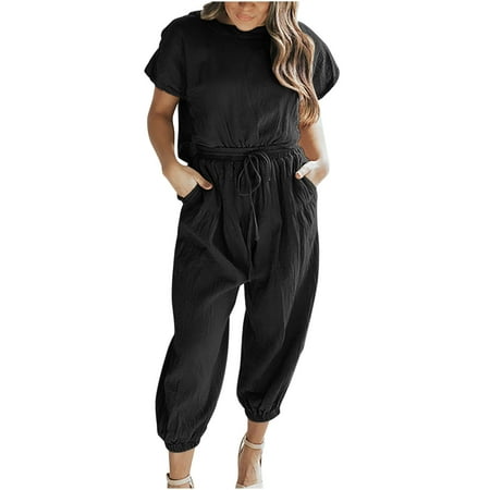 

Wide Leg Jumpsuits for Women Cotton Linen Rompers Summer Casual Short Sleeve Elastic High Waisted Pants with Pockets