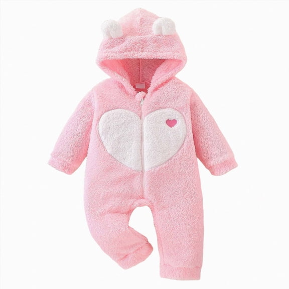 Enyan Newborn Baby Bear Outfit With Fold-Over Mittens Girls Winter Fleece Clothes Hooded Romper Snowsuit(Size 9-12 Months)