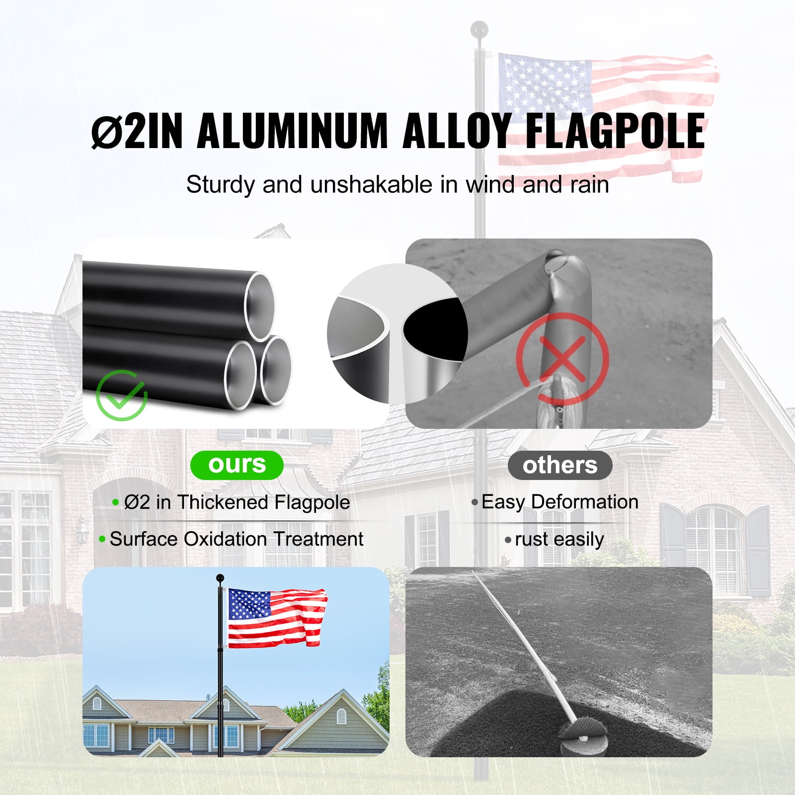 KFFKFF 20-Foot Extendable Flagpole Set, Robust Aluminum Alloy Outdoor Flag Poles, 3 Presentation Styles with 3x5 US Flag, Expert Gear, Black