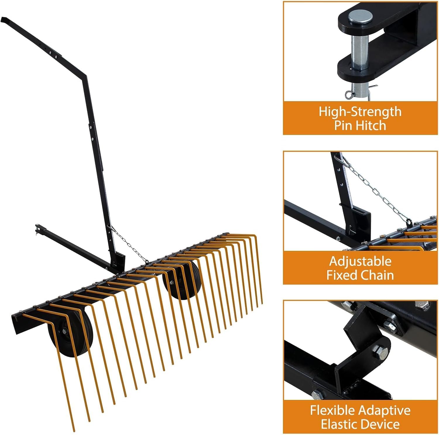 CazToi 60 Inch Lawn Dethatcher with 24 Tines for Thatch Removal Tow Behind