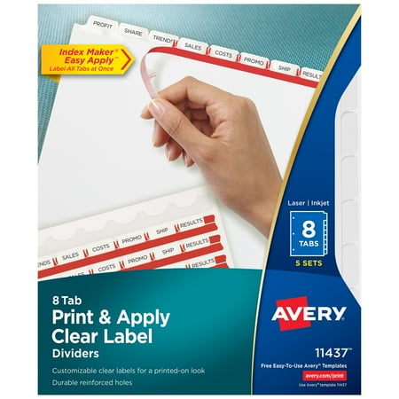 Avery 5 Tab Clear Label Dividers Template Avery Print & Apply Clear Label Dividers, Index Maker Easy Apply, 8 White Tabs, 5 Sets ()