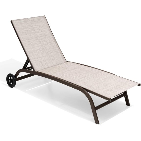 Crestlive Products Aluminum Chaise Lounge Chairs with Wheels Outdoor Adjustable Recliner Five-Position and Full Flat All Weather for Patio, Beach, Yard, Pool (1PCS Beige)
