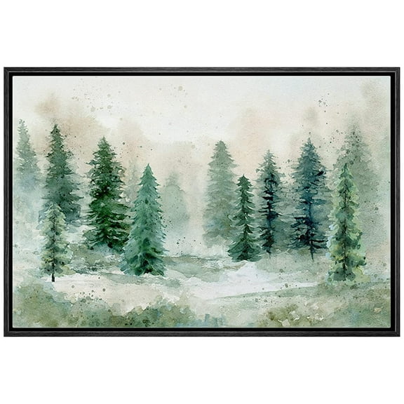 wall26 Framed Canvas Print Wall Art Pastel Green Pine Tree Forest Landscape Nature Wilderness Illustrations Fine Art Decorative Rustic Multicolor for Living Room, Bedroom, Office - 16"x24"