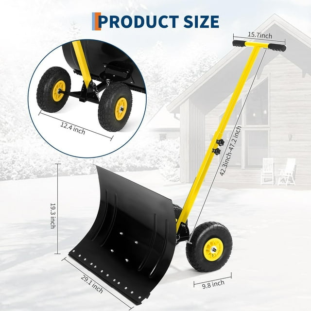 Royalbelle Pelle à Neige Jaune et Noire 29x16 Pouces avec Roues, Manche Simple