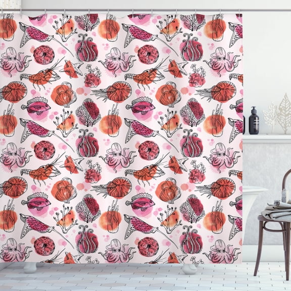 Under the Sea Shower Curtain, Watercolor Effect Blots with Ocean Creatures on a Pale Pink Background, Fabric Bathroom Set with Hooks, 69W X 84L Inches Extra Long, Burnt Sienna Pink, by Ambesonne
