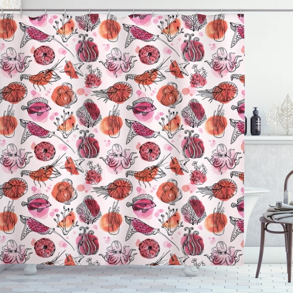 Under the Sea Shower Curtain, Watercolor Effect Blots with Ocean Creatures on a Pale Pink Background, Fabric Bathroom Set with Hooks, 69W X 75L Inches Long, Burnt Sienna Pink, by Ambesonne
