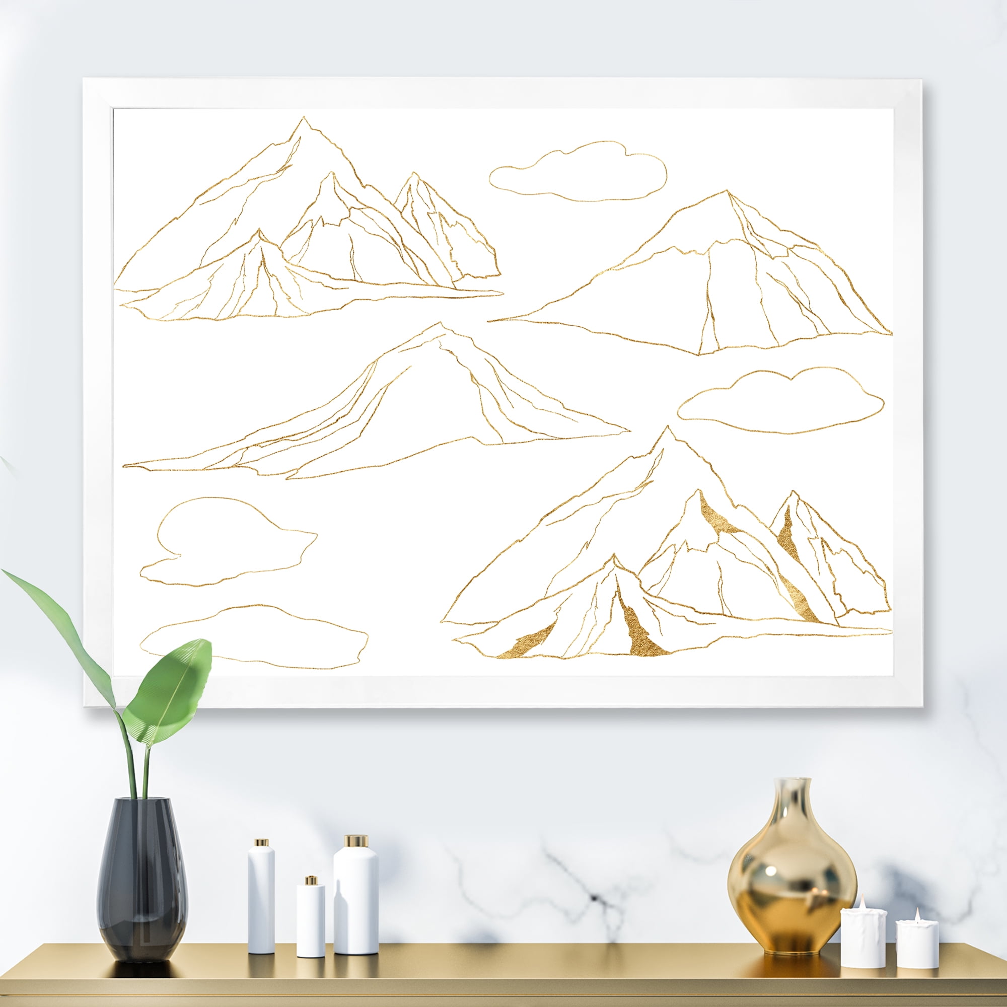 Designart 'Minimalistic Gold Linear Set Of Clouds and Mountains' Modern Framed Art Print