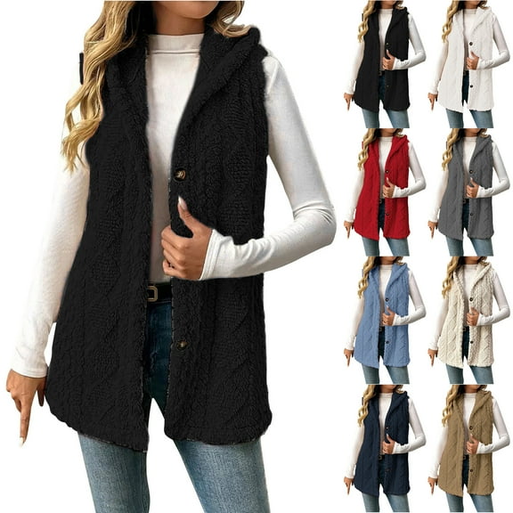 Otntypg Womens Sherpa Vest with Hood - Plus Size 2025 Winter Fleece Button Up Long Vest Jackets Plush Thick Warm Lightweight Fall Outerwear Gray M