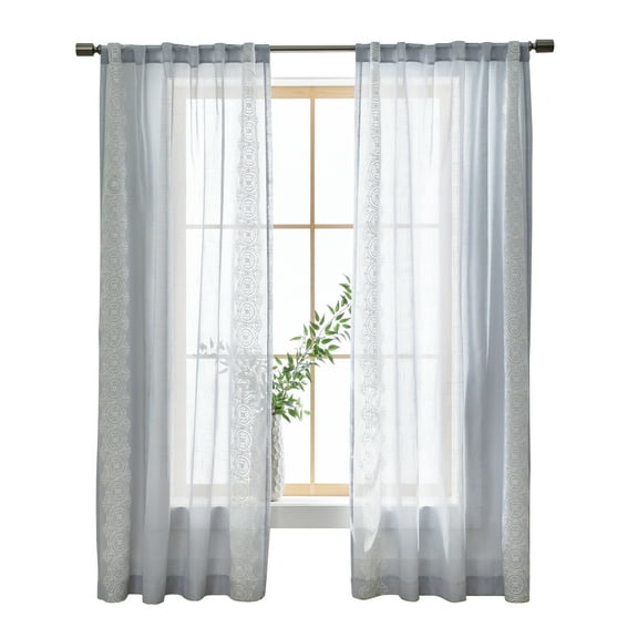Better Homes & Gardens Embroidered Border Rod Pocket/Back Tab Single Curtain Panel, 1-Piece, Soft Silver, 50" W x 84" L