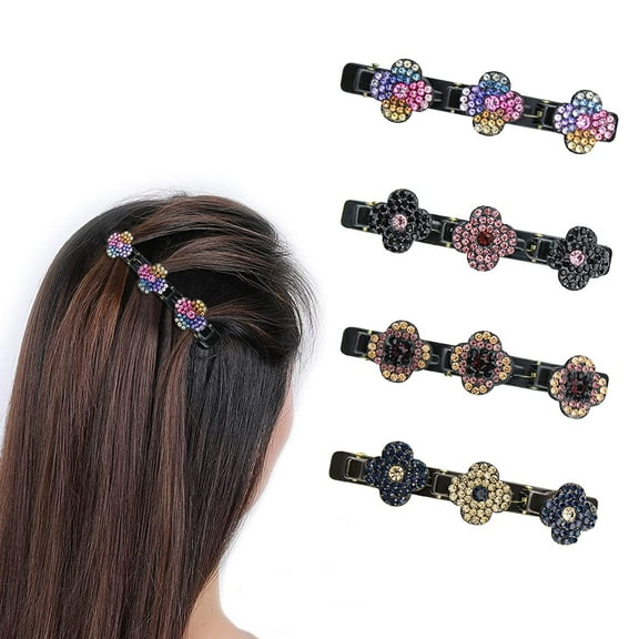 Sparkling Crystal Stone Braided Hair Clips, 4Pc Resin Four-Leaf Clover Chopped Barrette with Rhinestone, Hairpins for Women & Girls for Hair Styling & Hair Accessories (Four Leaf Clover)