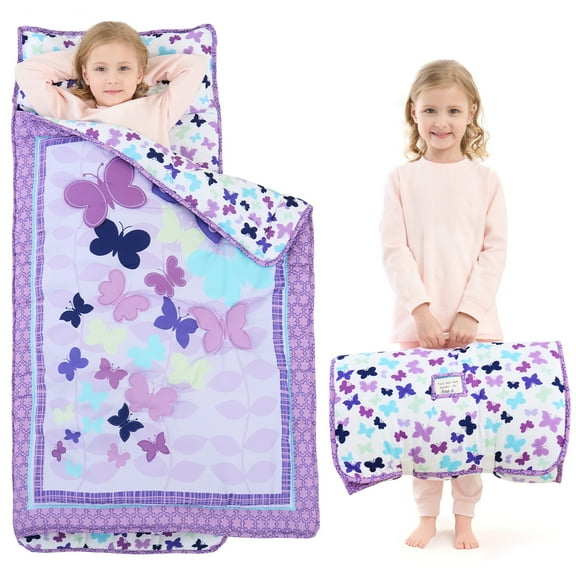 JISEN Toddler Nap Mat - Girls Kids Nap Mats with Removable Pillow and Blanket, Purple Butterfly