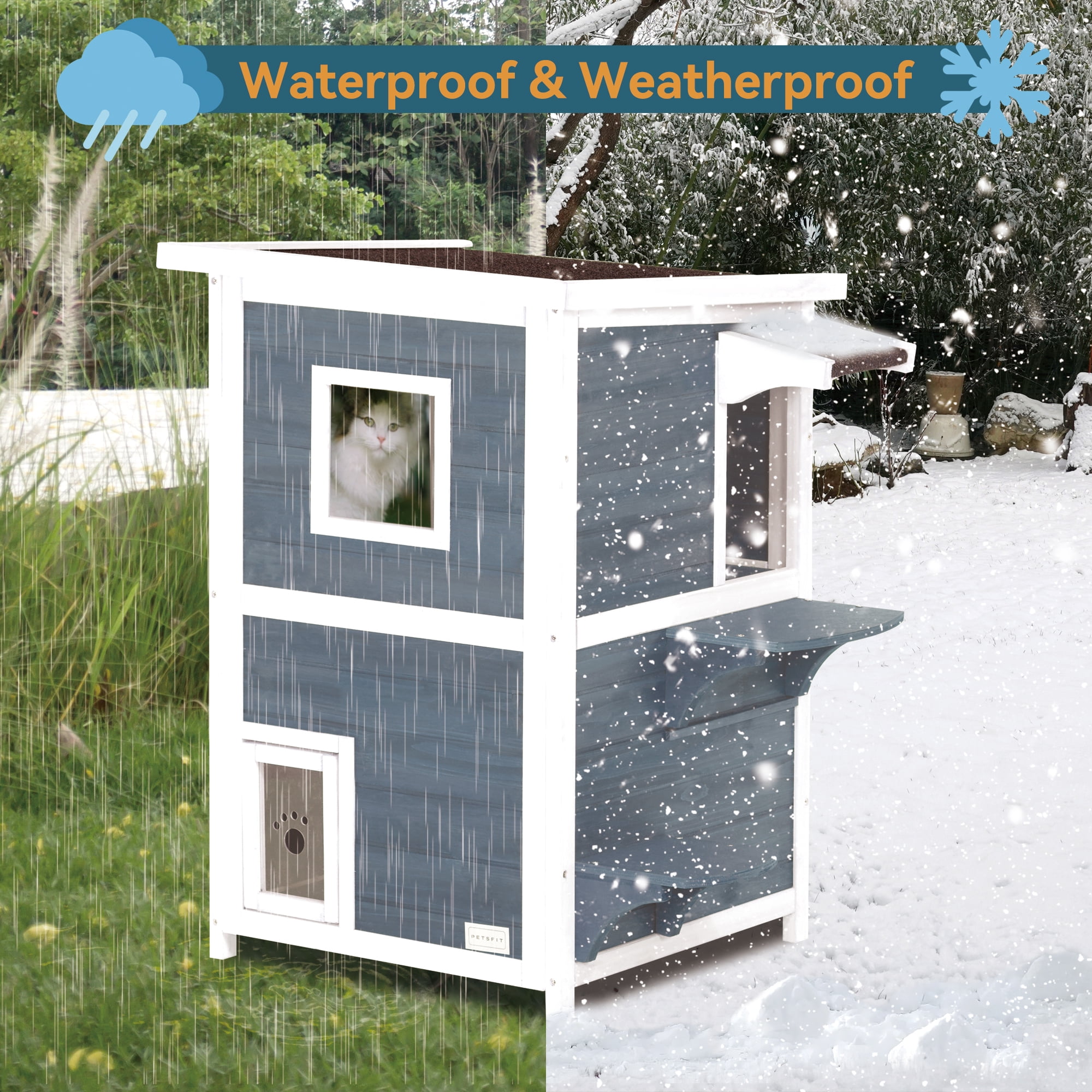 Petsfit 2-Story Weatherproof Outdoor Kitty Cat House/Condo/Shelter with Escape Door Gray