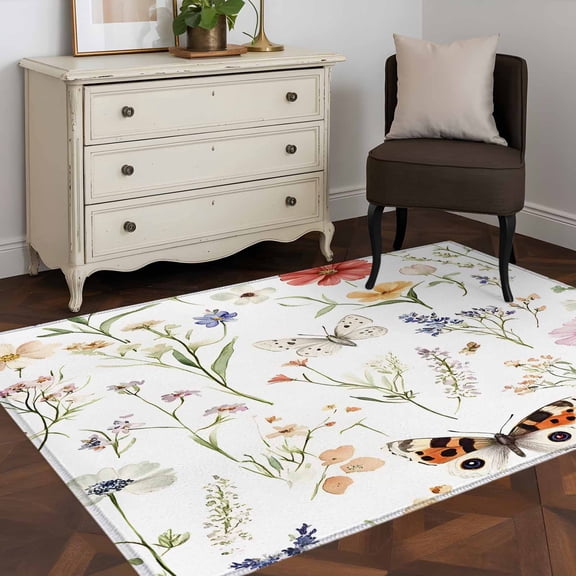 3'x5' Area Rugs, Pastoral Botanical Butterfly Indoor Outdoor Area Rug for Living Room Bedroom, Spring Floral Watercolor Washable Bathroom Rugs Kitchen Floor Carpet Mats Home Decor Aesthetic