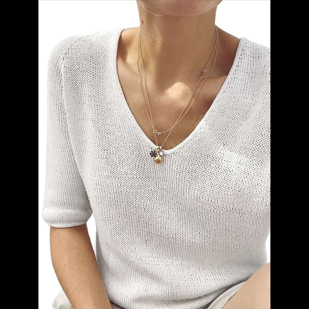 Suéter de Corta para Mujer, Cuello en V, Camiseta Básica de Punto, Jersey Informal de Negocios XL