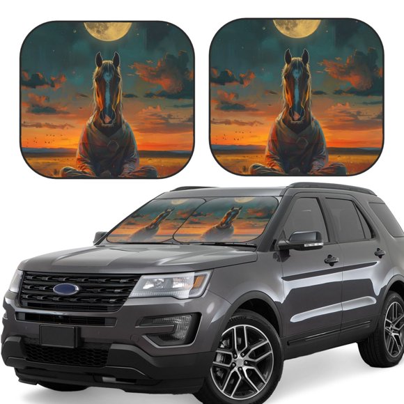 Wukai Sunset Prairie Meditating Horse Car Front Windshield Sun Shade,Sun Visor Shield Block Automotive Interior Protector Blocks UV Rays-Medium