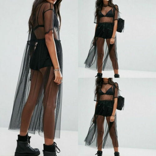 Pudcoco - NEW Womens Black See-through Mesh Dress Sheer Maxi Cover Up Tulle Lace Beachwear