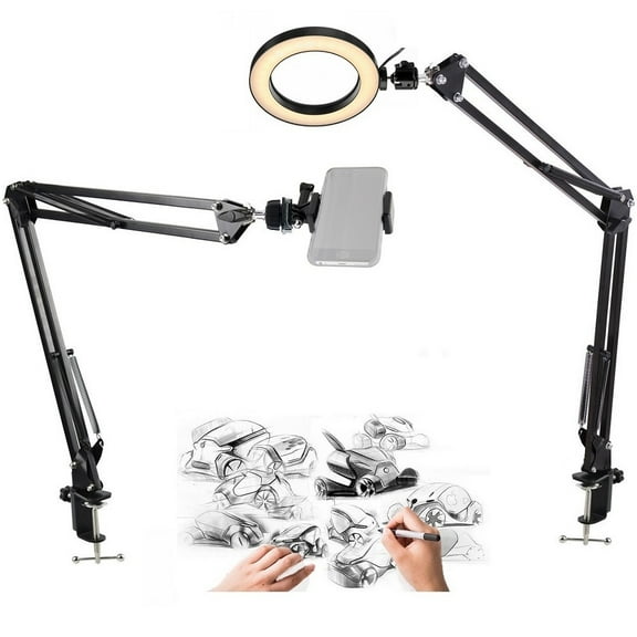 Phone Ring Light Holder, 8'' Ring Light with 2 Foldable Arm Stand for iPhone to Baking,Craft,Calligraphy,Drawing,Online Lesson,Video Recording