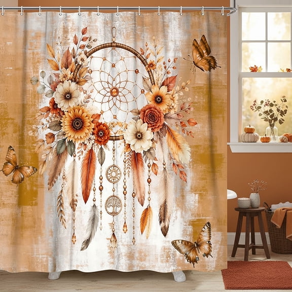 Fall Dreamcatcher Shower Curtain, Autumn Sunflower Floral Butterfly Shower Curtains, Bohemian Vintage Caramel Rustic Waterproof Polyester Fabric Bath Curtain with Hooks for Bathroom Decor,72Wx72H