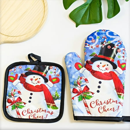 

CYMMPU Polyester Fiber Mitts Christmas Kitchen Utensils Printing Oven Gloves High Temperature And Scald Resistant Thermal Insulation Glove Set Multicolor