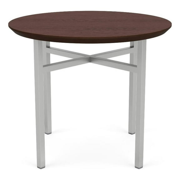 Avon Reception Waiting Round End Table 24" HPL Top / Silver Steel / Walnut