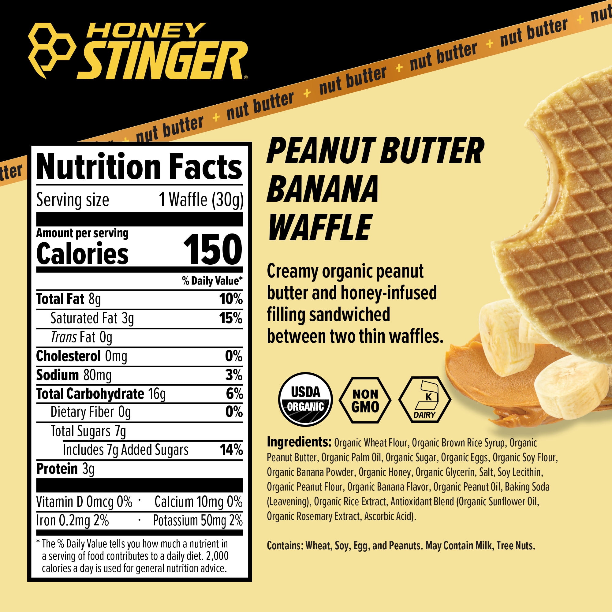 Honey Stinger Organic Energy Waffle Snack, Peanut Butter Banana, 6 Count