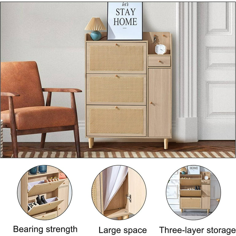 Yoluckea Rattan Shoe Storage Cabinet/Rack with 2 Flip Drawers for Entryway  Modern Wooden Free Standing for Heels Slippers Hallway Bedroom Small