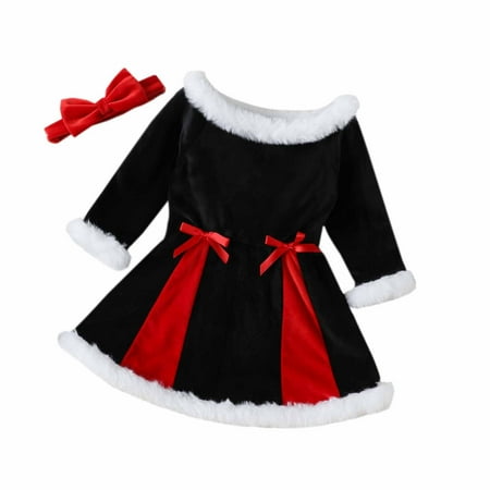 

QIPOPIQ Girls Clothes Clearance Christmas Autumn And Winter Girls Long-sleeve Stitching Children s Dress Headband Set Two-piece Set