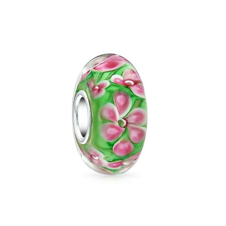 Italian Murano Glass Flower - Pink Tropical Frangipani Flower Green Murano glass Lampwork Charm Bead .925 Sterling Silver