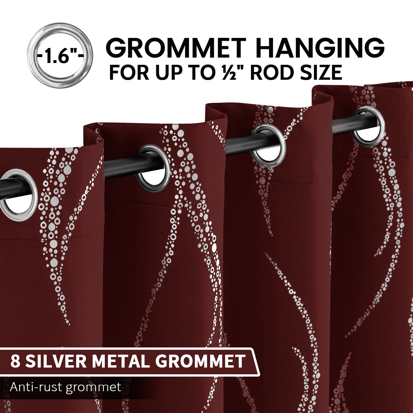 Yakamok Blackout Curtains for bedroom - Wave Line with Dots Silver Print Design Noise Reducing Thermal Insulated Ring Top Blackout Window Drapes for Livingroom (2 Panels, 52 x 84Inch, Burgundy)