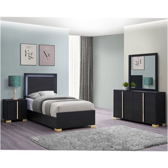 JERFIT 4-Piece Twin Bedroom Set with LED Headboard, Dresser, Mirror & Nightstand, Modern Black Bed Set with Gold Accents, Engineered Wood