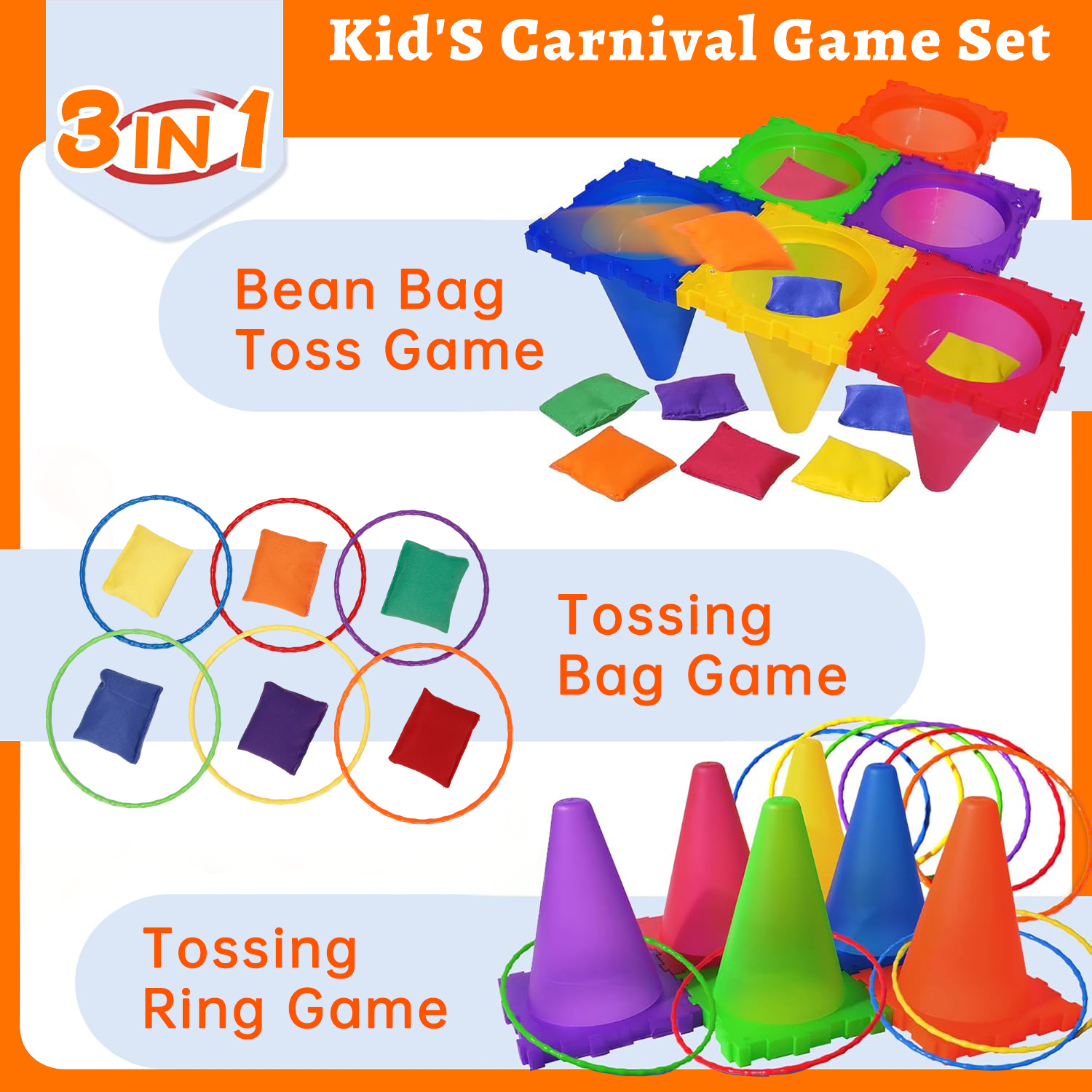 3-in-1 Bean Bag & Ring Toss Game Set with Soft Cones, Interactive Carnival Games for Kids Ages 3+, Perfect for Holiday Events, Backyard Fun & Parent-Child Bonding Activities