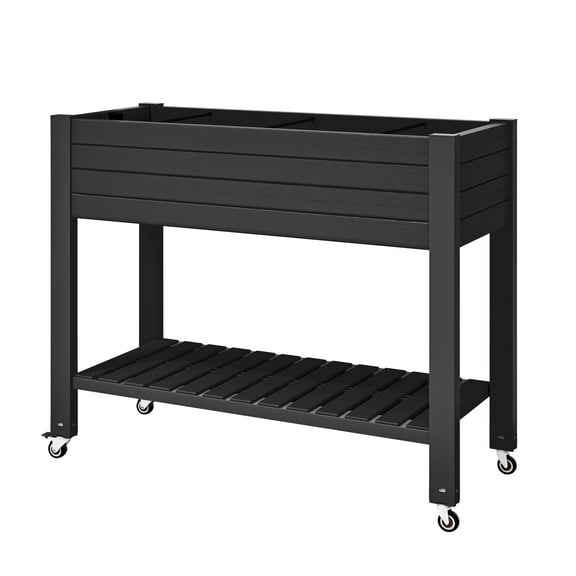 ModFusion Raised Garden Bed with Lockable Rolling Wheels, Divider, Monitoring Water System, Balcony Storage Shelf, 2 Tier Elevated Planter Boxes, 21 Gallon, Patio Carts, Black