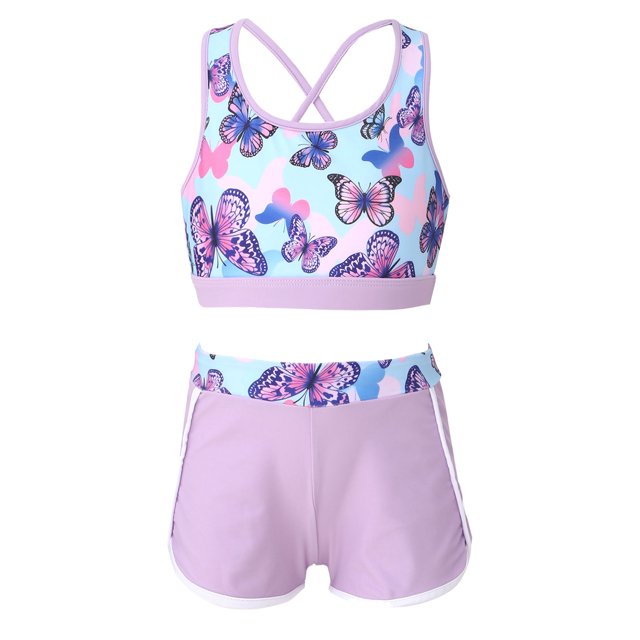 Sywiyi Child Girls Printed Crisis Cross Swim Top with Shorts Two Pieces Swimwear Quickly Dry Lavender 16