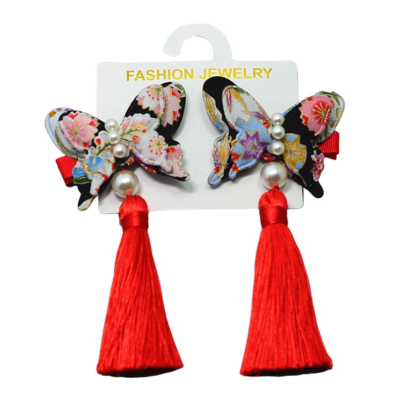 MOREFUN Baby Girls Chinese Style Hairy Furry Flower Tassels Hair Clips Barrettes For Kids Festival