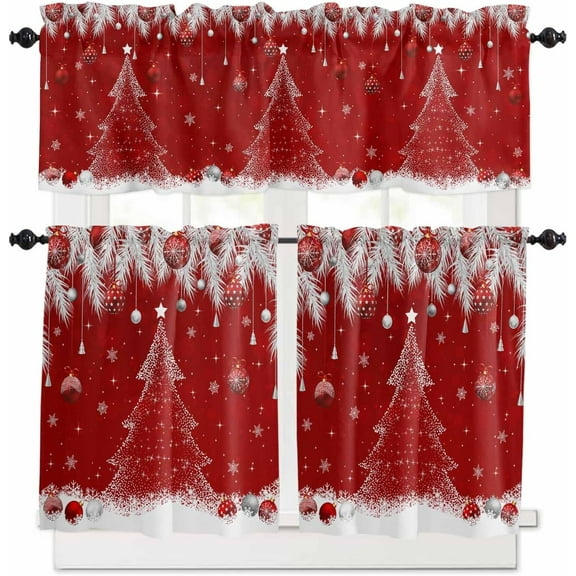 Christmas Kitchen Curtains and Valances Set, Rod Pocket Curtains Tier Farmhouse Window Curtains 24 Inch Length, Red Winter Pine Tree Silver Leaves Snowflake 3 Piece Kitchen Curtains Set