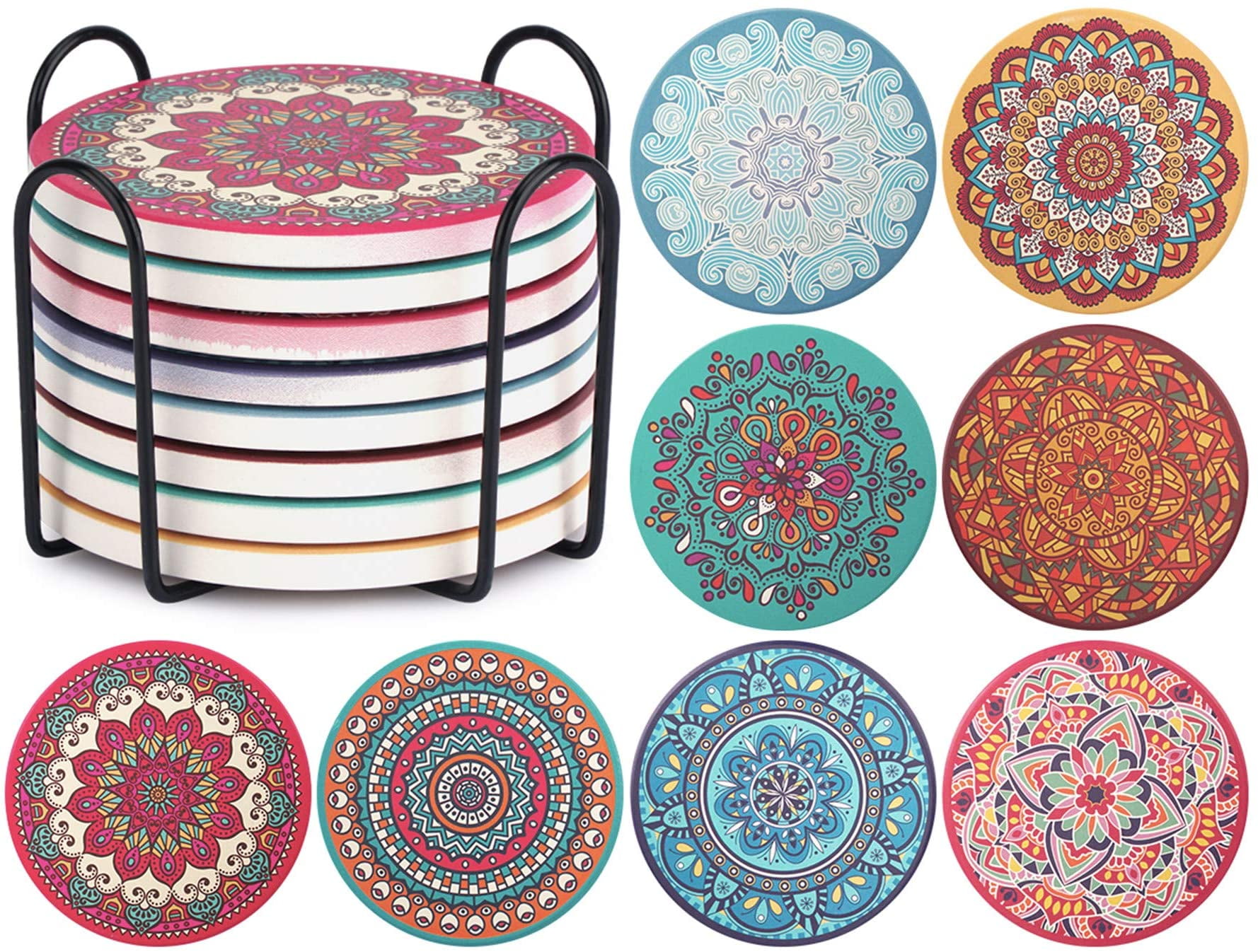 Coasters for Drinks Absorbent Ceramic Stone with Holder Mandala Pattern Cork Base 4 Inches Set of 6 for Wooden Table Home Decor Coasters for Drinks Absorbent Ceramic Stone with Holder Mandala Pattern Cork Base 4 Inches Set of 6 for Wooden Table Home Decor
