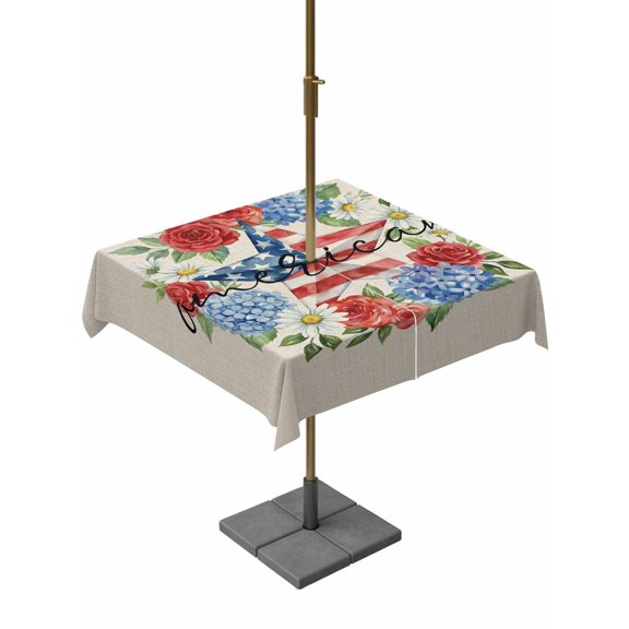 Outdoor Tablecloth with Umbrella Hole for Patio/Picnic/Party/Camping, Independence Day Wreath Waterproof Table Cloth Square Cover Washable, Spring Red Roused Linen (54"x 54")