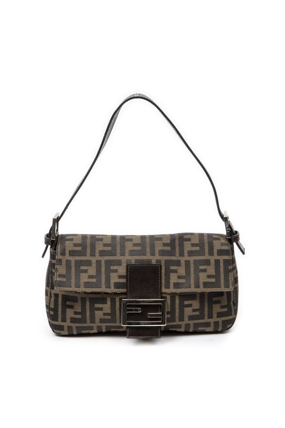 Pre-Owned Fendi Khaki/Dark Brown Baguette Handbag Zucca Canvas