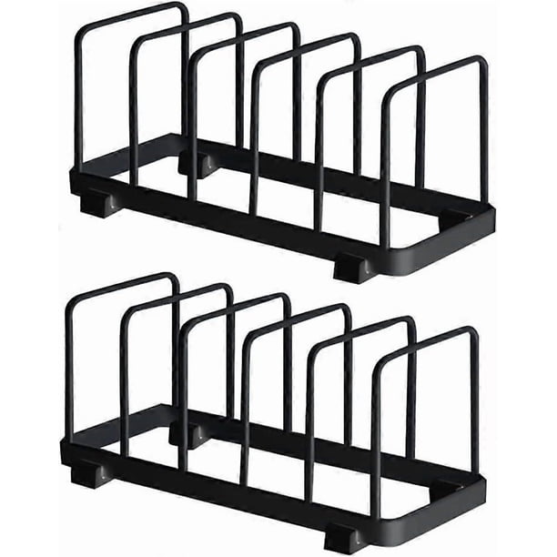 Plate Storage Rack Drainer, Cutting Boards, Bakeware, Serving Trays Holder, Lid Organizer, Cabinet Dish Rack (Black, 2 Packs)